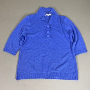 White Stag‎ Sweater Top Plus Size 1X 16W Woman Blue Knit 3/4 Sleeve Button Neck